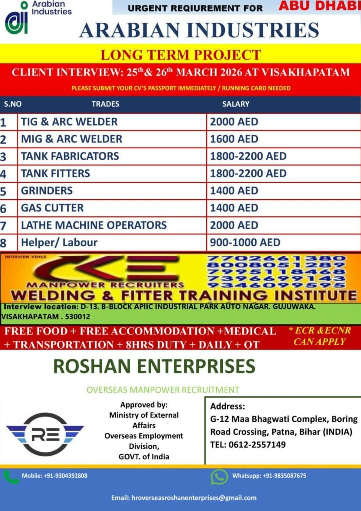 Urgent Hiring for Abu Dhabi – Arabian Industries Jobs 2026 | Welders, Fabricators, Fitters & More