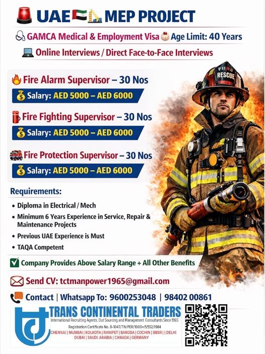 UAE MEP Project Jobs – Fire Alarm, Fire Fighting and Fire Protection Supervisor Vacancies