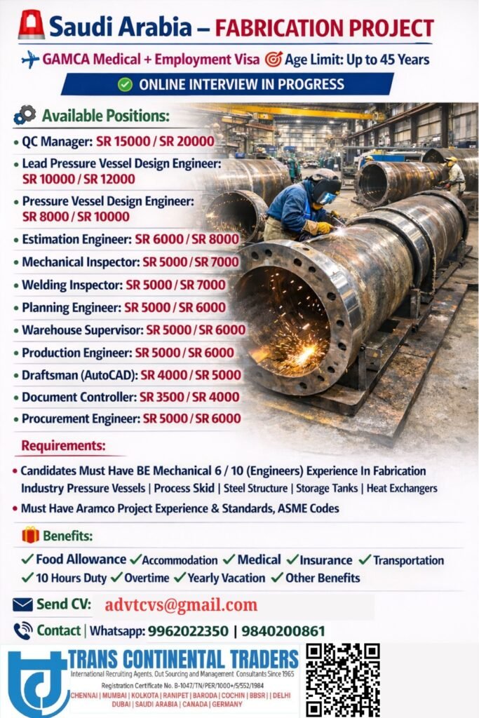 Saudi Arabia Fabrication Project Jobs – Online Interview | Salary Up to 20,000 SAR Saudi Arabia Fabrication Project Jobs – Online Interview | Salary Up to 20,000 SAR