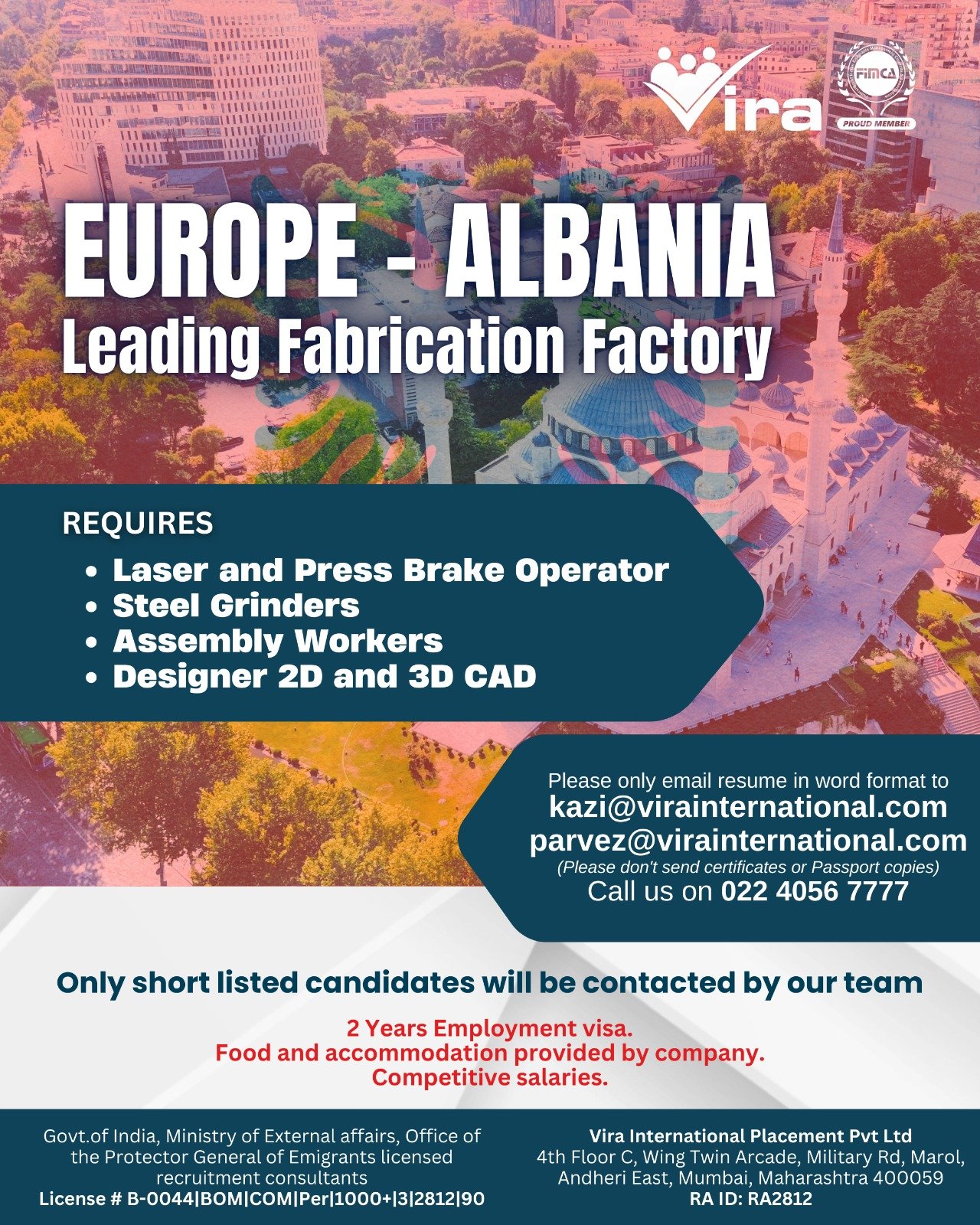 Europe : Hiring For A leading fabrication factory in Albania 