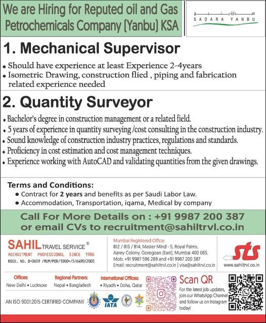 Hiring for Saudi Arabia Reputed Construction, Oil & Gas Company 