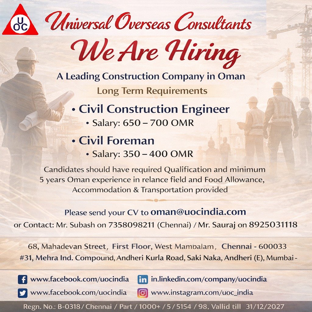 Oman Construction Jobs 2026 – Civil Engineer and Foreman Vacancies