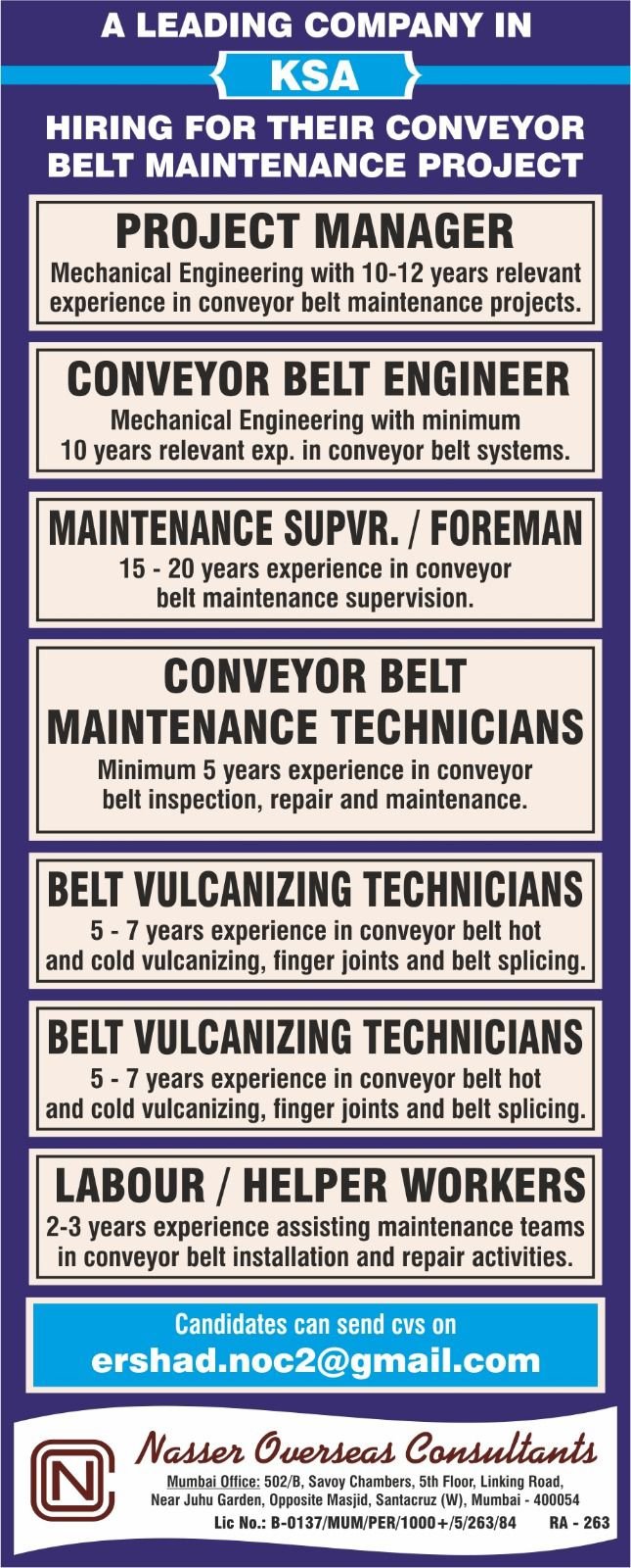 Saudi Arabia Jobs – Conveyor Belt Maintenance Project | Engineers, Technicians & Workers Required