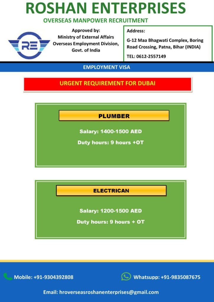 Urgent Jobs in Dubai – Plumber & Electrician Vacancies