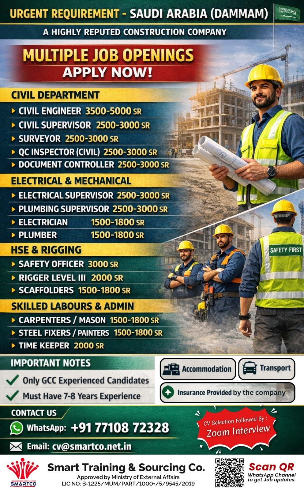 Urgent Construction Job Vacancies in Saudi Arabia (Dammam) – Multiple Positions | Apply Now
