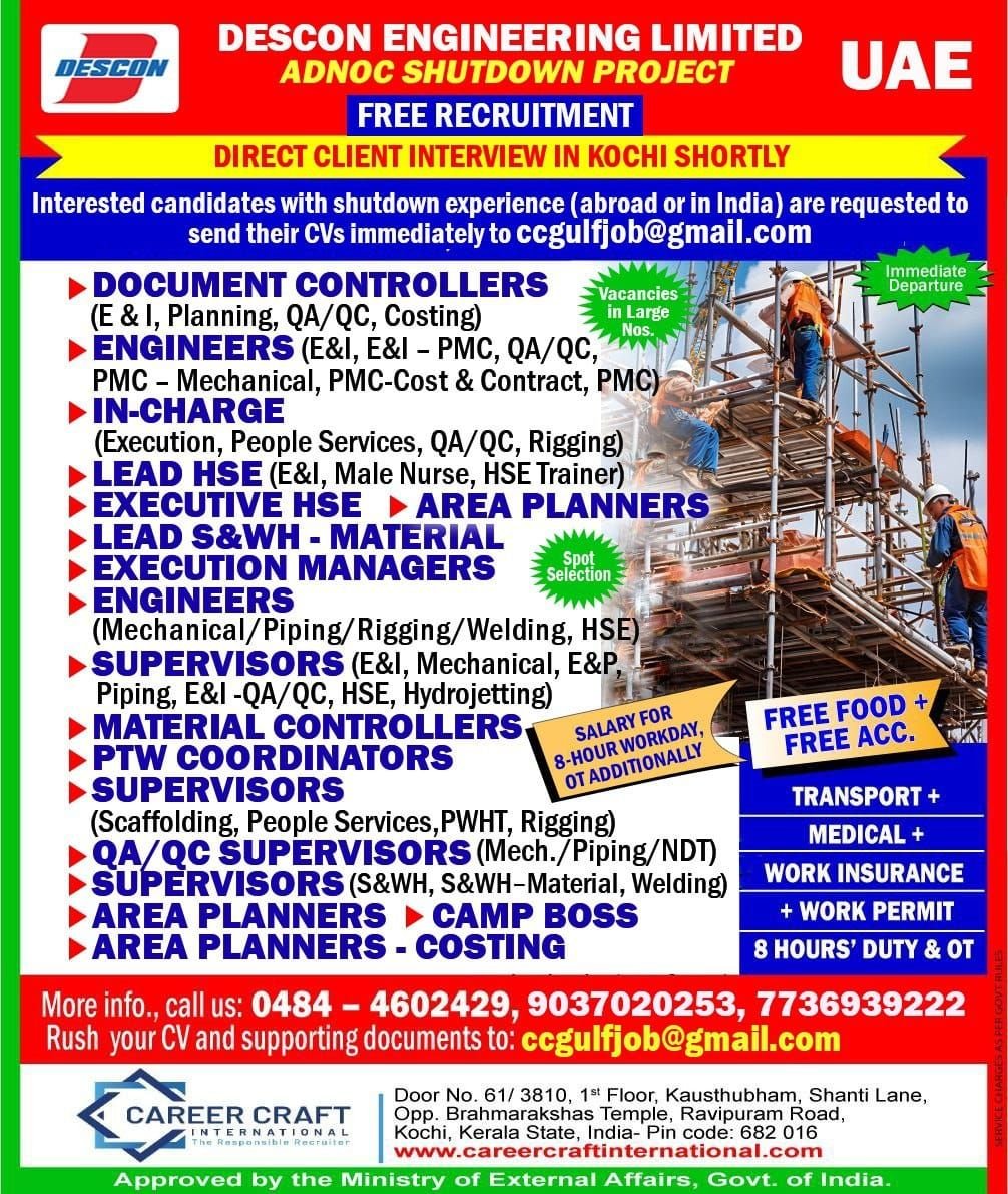 Shutdown Project Jobs in UAE – Descon Engineering Limited | Free Recruitment | Direct Interview 