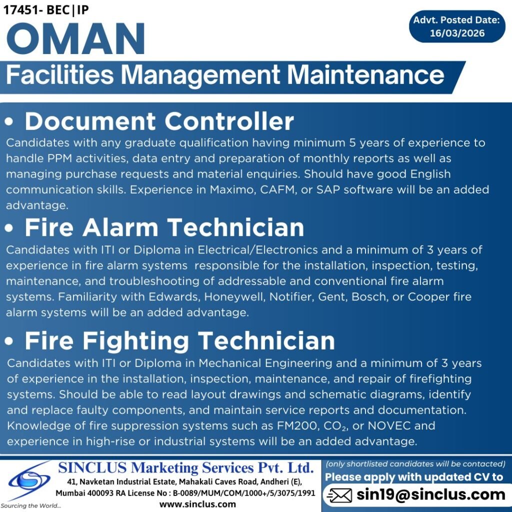 Urgent Hiring for OMAN – Facilities Management Maintenance Urgent Hiring for OMAN – Facilities Management Maintenance