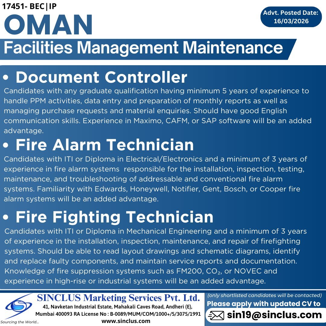 Urgent Hiring for OMAN – Facilities Management Maintenance