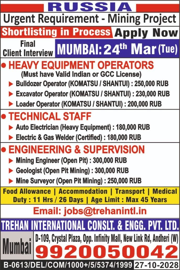 Russia Mining Project Jobs – Immediate Hiring