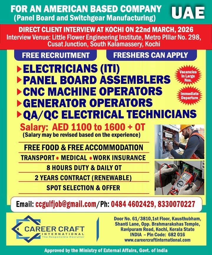 Urgent Hiring for UAE – Electrical & Manufacturing Jobs