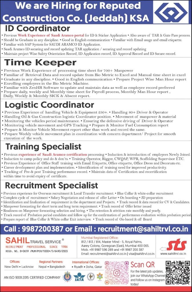 Urgent Hiring for Construction Company in Jeddah, Saudi Arabia – Multiple Job Openings