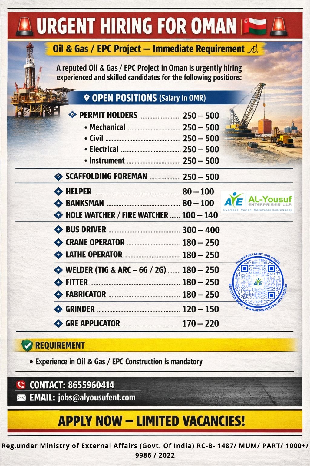 Oman : Multiple Job openings for an Oil & Gas / EPC Project 