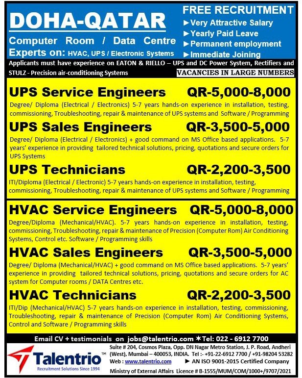 Urgent Job Vacancies in Doha, Qatar – Data Centre & HVAC Projects (2026)