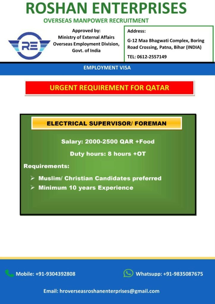 Urgent Electrical Supervisor Jobs in Qatar – Free Recruitment
