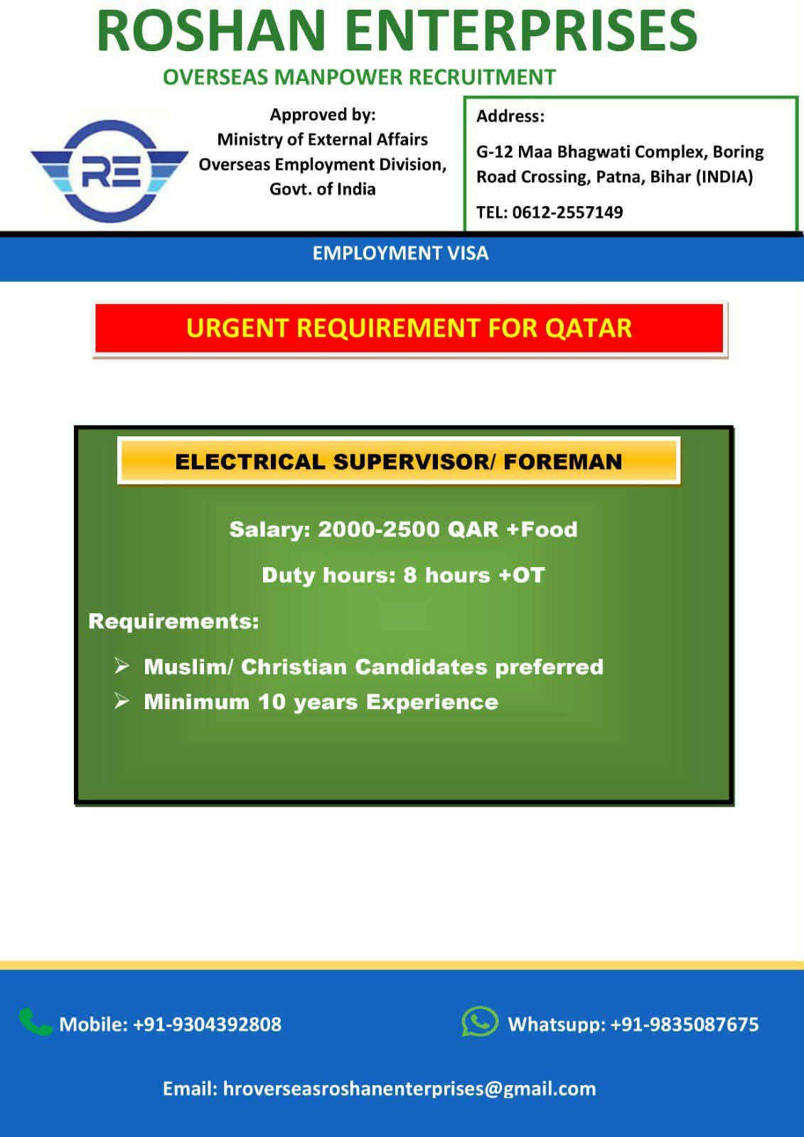 Urgent Electrical Supervisor Jobs in Qatar – Free Recruitment