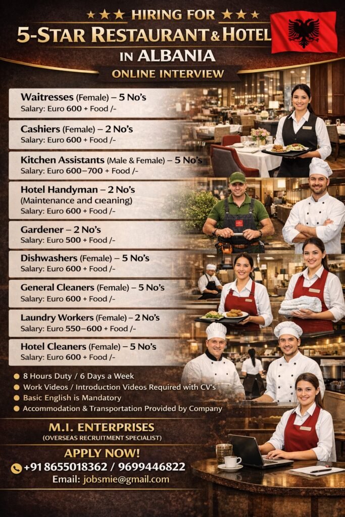 Hiring for 5-Star Restaurant & Hotel – Albania 