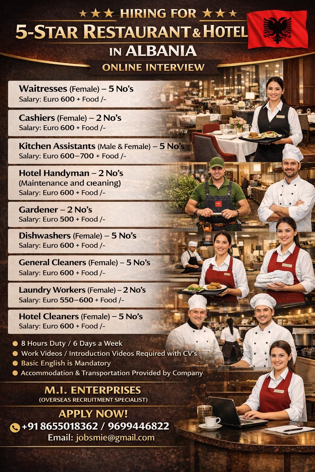 Hiring for 5-Star Restaurant & Hotel – Albania