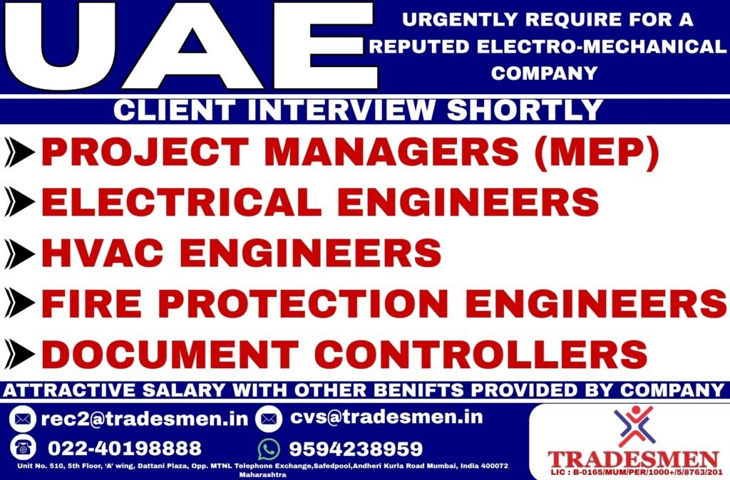 UAE MEP Jobs 2026 – Urgent Hiring for Electro-Mechanical Company