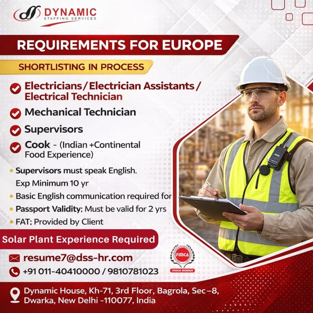 Requirement for Europe Prestigious Company - Apply Now