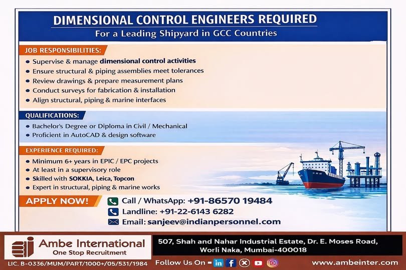 Hiring Dimensional Control Engineers For Shipyard Projects (GCC)