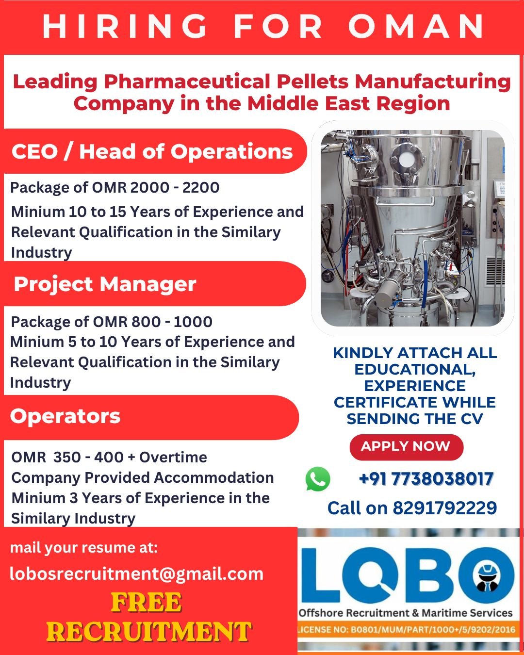 Urgent Hiring for Pharmaceutical Manufacturing Company in Oman