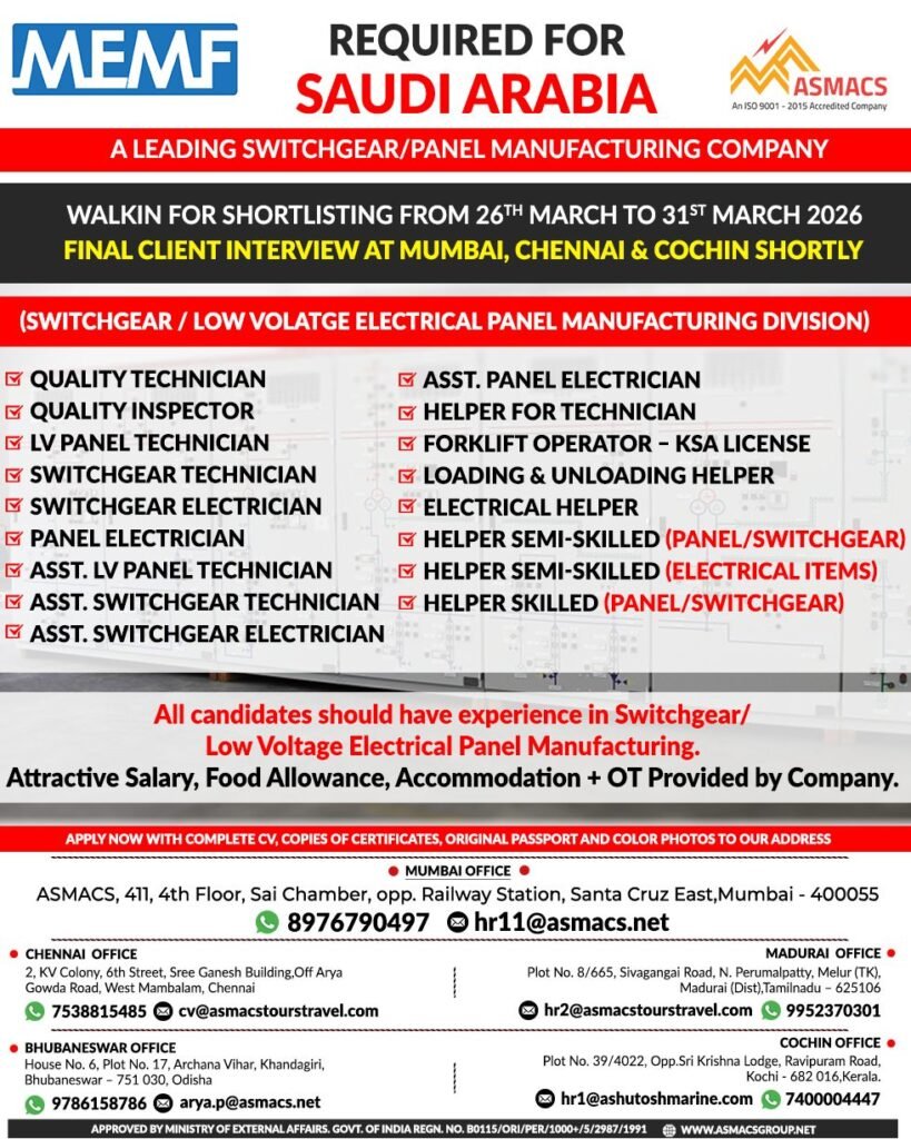 Saudi Arabia Jobs 2026 – MEMF Switchgear & Panel Manufacturing Company Hiring