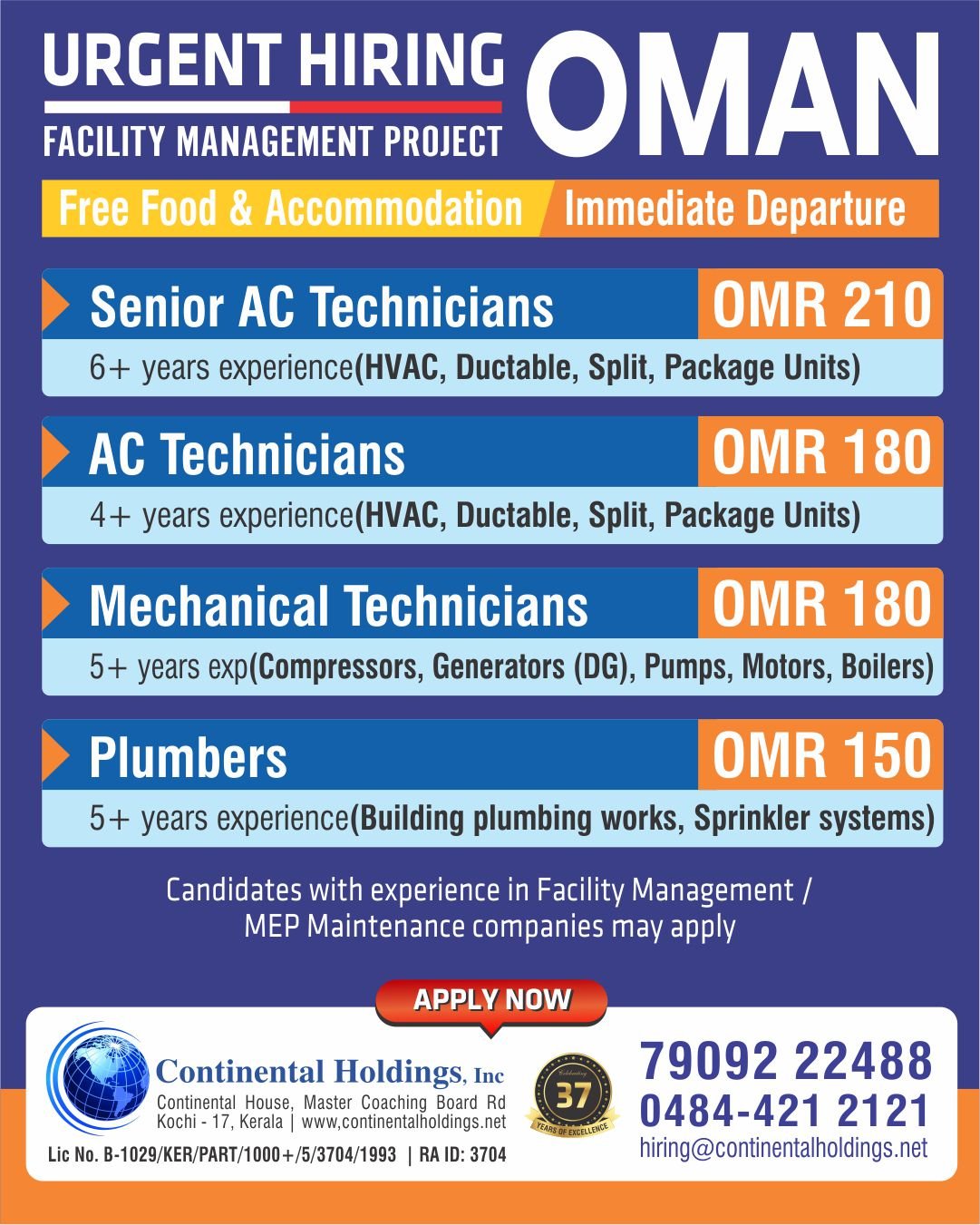 Urgent Hiring For Oman (Facility Management Project)
