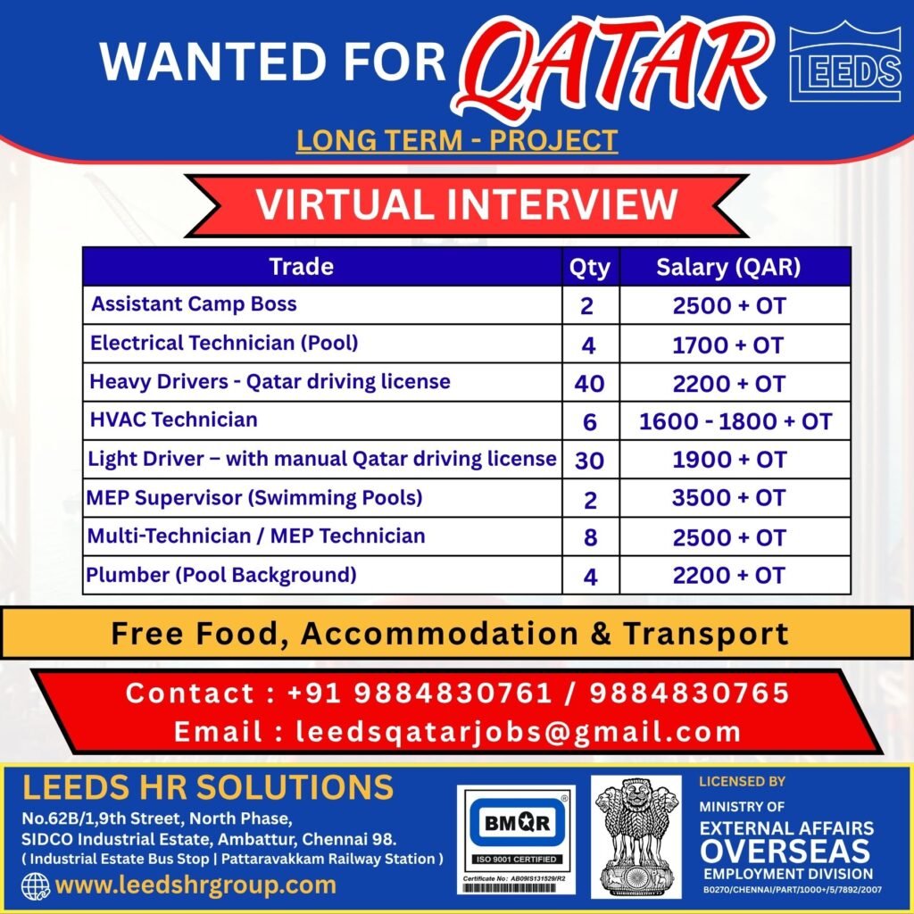 Urgent Hiring for Qatar – Long Term Project (Virtual Interview) Urgent Hiring for Qatar – Long Term Project (Virtual Interview)
