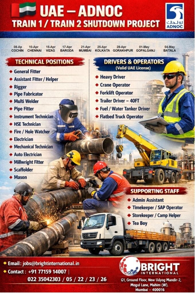 Shutdown Jobs UAE 2026 | Train 1 & Train 2 Project Vacancies | Apply Now