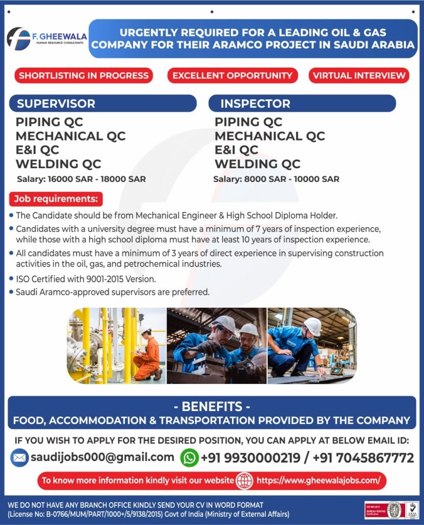 Urgent Hiring for Aramco Project in Saudi Arabia (2026)