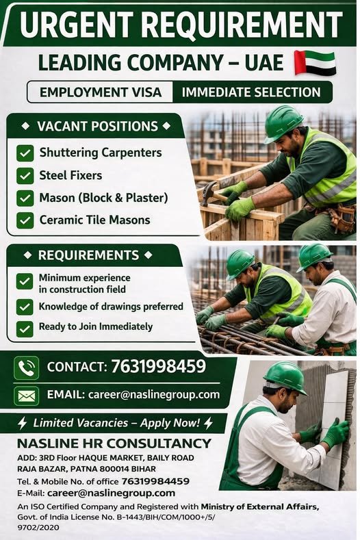 UAE Jobs 2026 – Immediate Hiring for Construction Workers