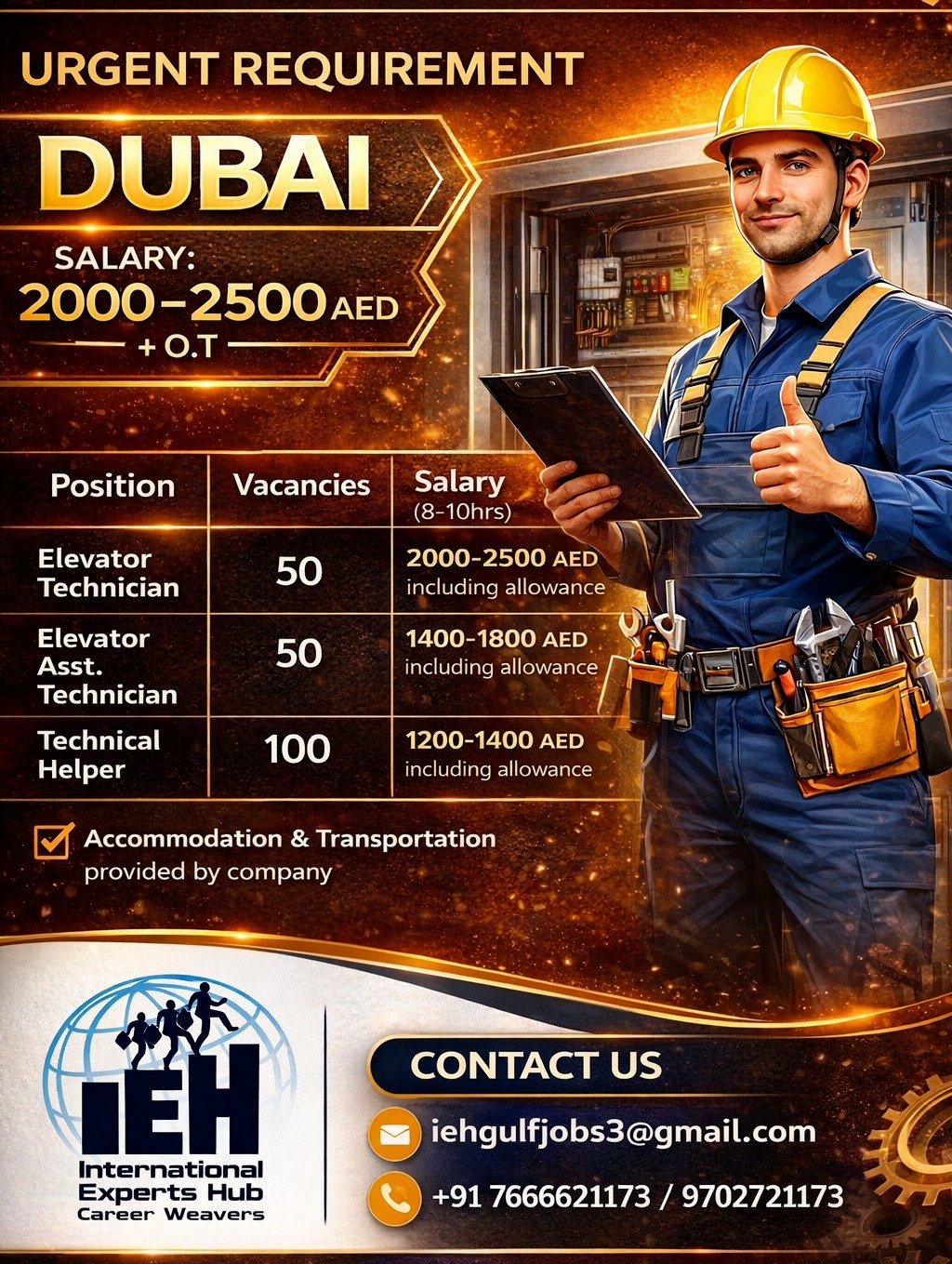 Dubai Jobs 2026: Elevator Technician, Assistant & Helper Vacancies | Apply Now