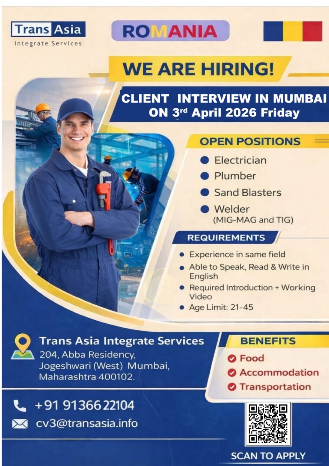 Romania Jobs 2026 – Electrician, Plumber, Welder & Sand Blaster Hiring