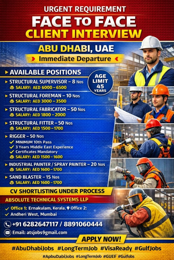 Urgent Requirement For Abu Dhabi, UAE | Apply Now