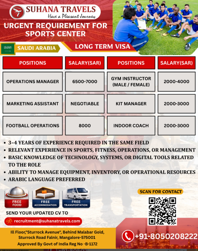 Urgent Hiring For Sports Center in Saudi Arabia - Apply Today