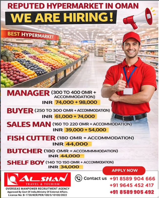 Oman Hypermarket Jobs 2026 – Manager, Buyer, Salesman, Butcher & More Vacancies