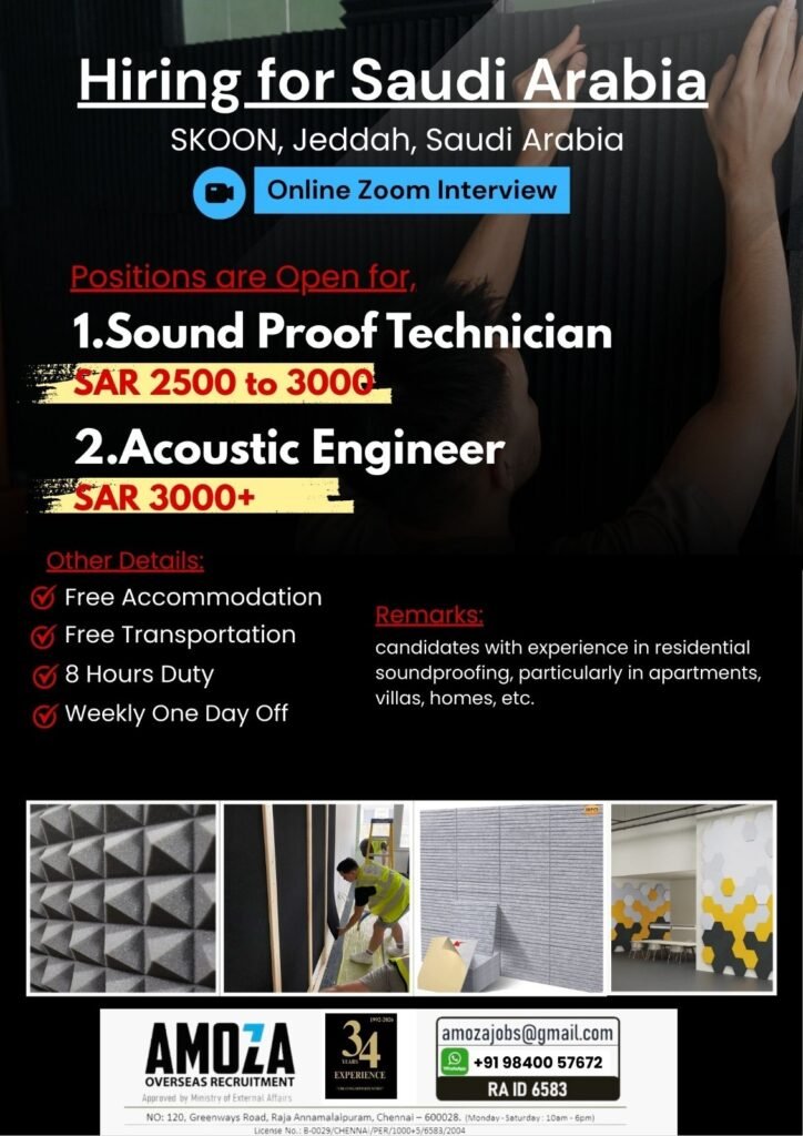 Saudi Arabia Jobs in Jeddah – Sound Proof Technician and Acoustic Engineer Vacancies
