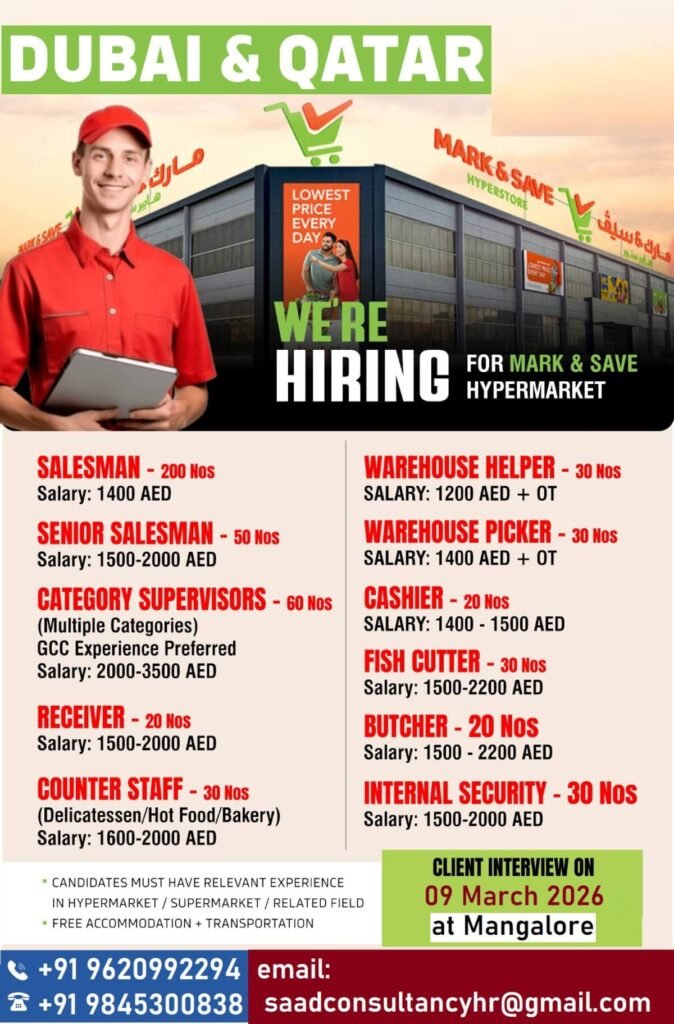 Dubai & Qatar Hypermarket Jobs 2026 – Mark & Save Hiring | Salary Up to 3500 AED 
