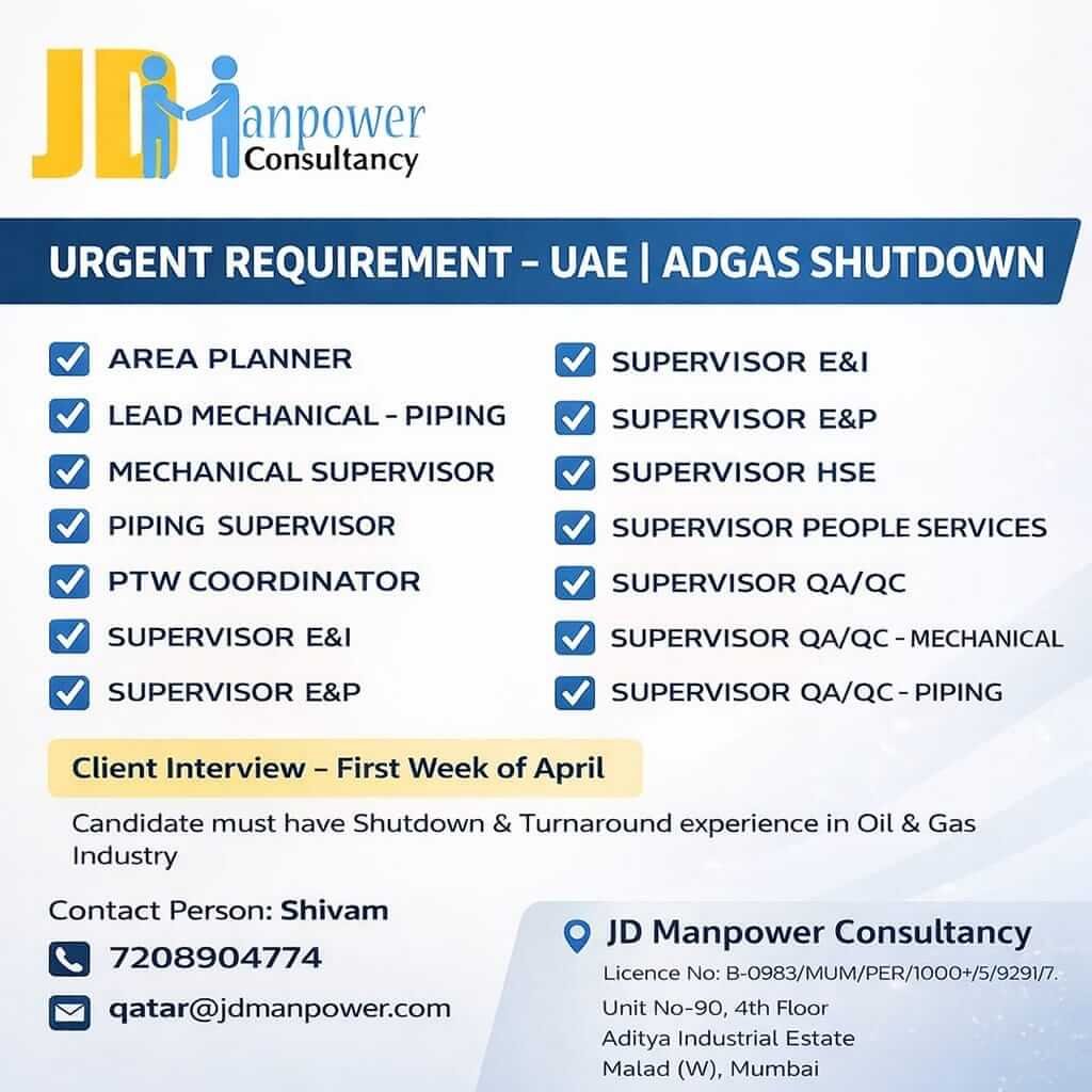 UAE ADGAS Shutdown Jobs 2026: Supervisors, Mechanical Piping and QA/QC Positions Hiring