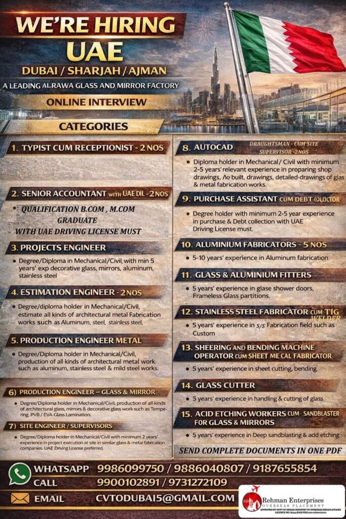 UAE Glass and Mirror Factory Jobs – Dubai, Sharjah, Ajman | Online Interview