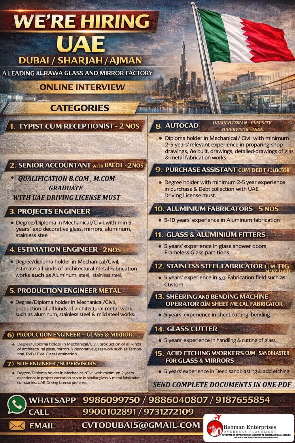 UAE Glass and Mirror Factory Jobs – Dubai, Sharjah, Ajman | Online Interview