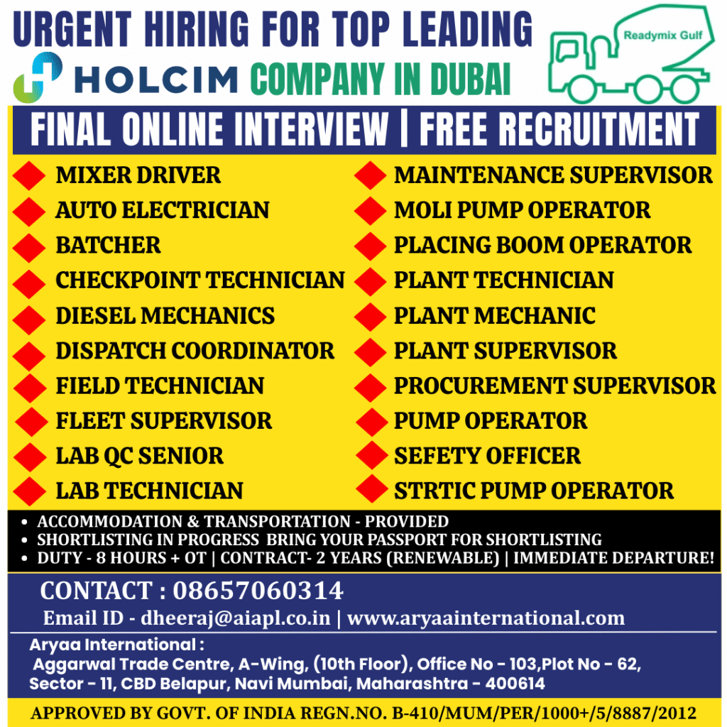 Holcim Company Jobs in Dubai – Multiple Vacancies for Ready Mix and Plant Operations