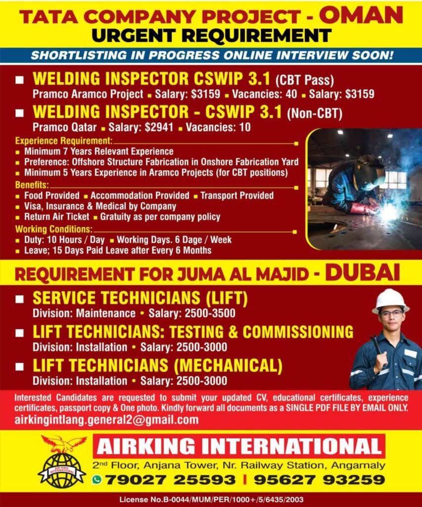 Oman & Dubai Jobs 2026 – Hiring For Tata Company Project in Oman and Juma Al Majid Company in Dubai