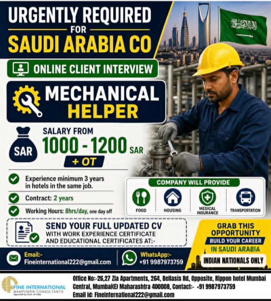 Saudi Arabia Mechanical Helper Jobs 2026 – Online Interview | Salary 1000–1200 SAR + OT