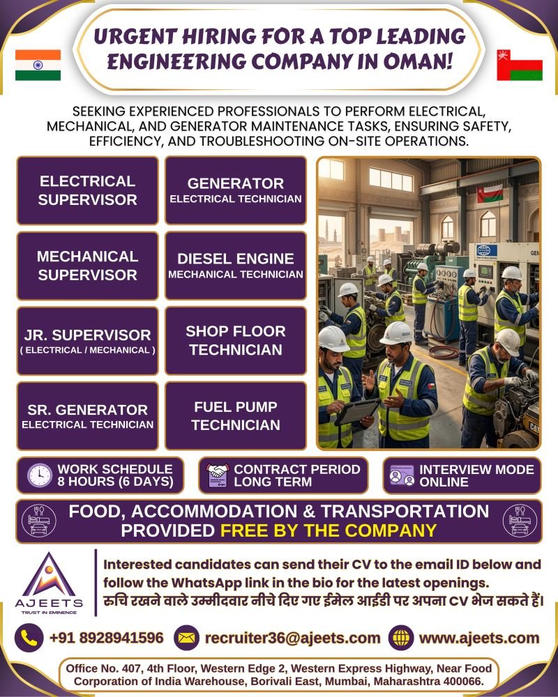 Oman Jobs 2026 : Hiring For A Top leading engineering company Oman Jobs 2026 : Hiring For A Top leading engineering company