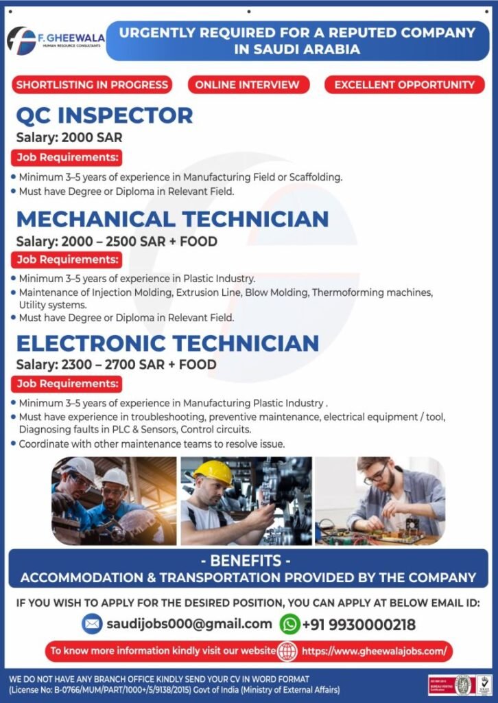 Hiring for a Reputed Company in Saudi Arabia - Apply Today