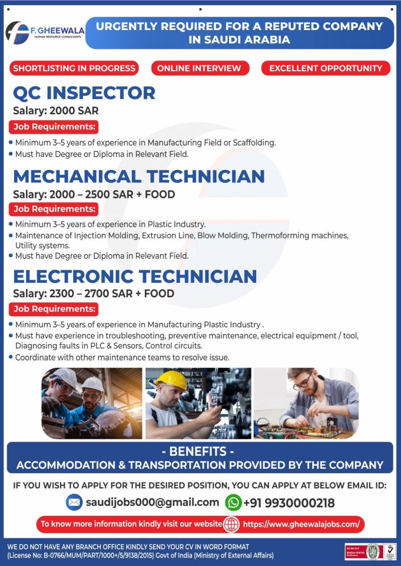 Hiring for a Reputed Company in Saudi Arabia - Apply Today