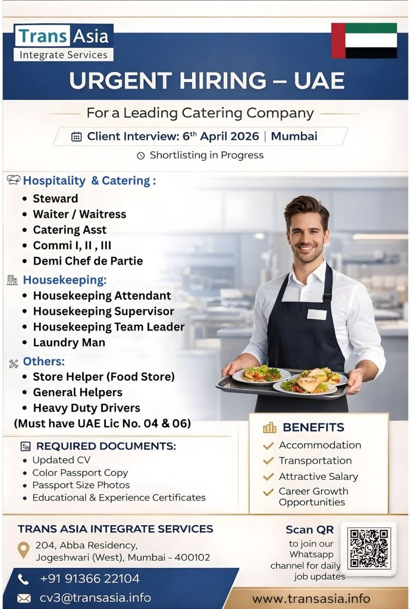 Urgent Hiring for UAE Catering Company – Multiple Hospitality & Housekeeping Jobs 