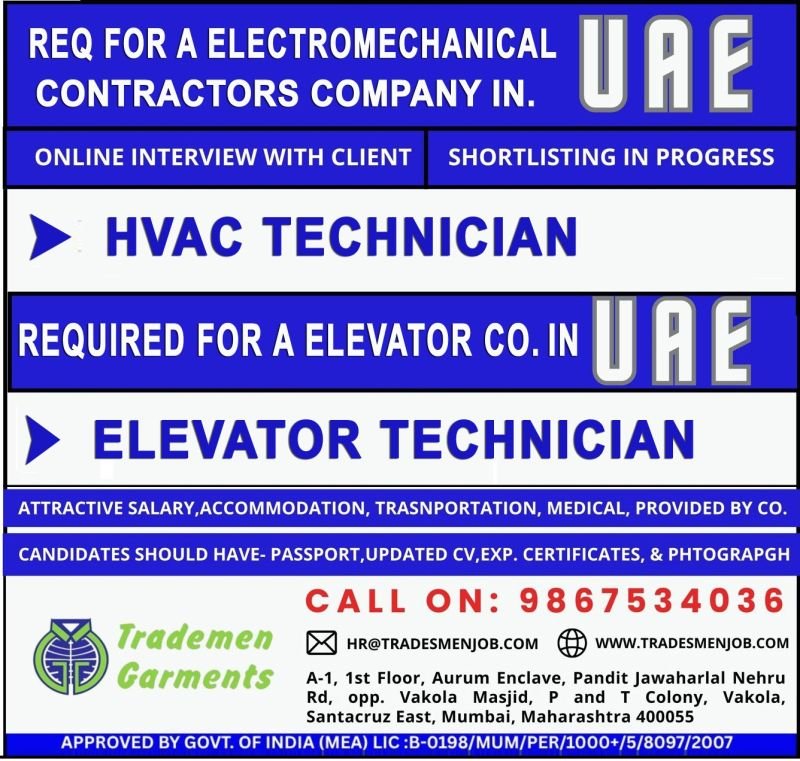 UAE Jobs for HVAC & Elevator Technicians – Online Interview | Free Benefits