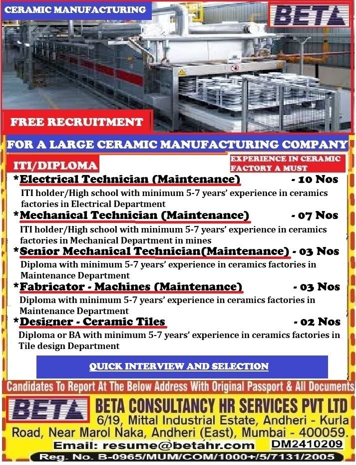 Middle East - Hiring For Ceramic Manufacturing Company